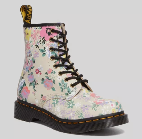 DR. MARTENS 1460 J FLORAL MASH UP LEATHER LACE UP BOOTS PARCHMENT BEIGE KIDS